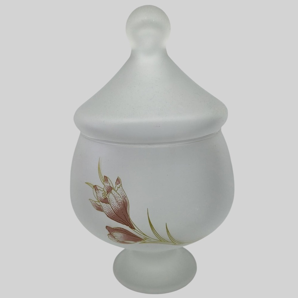 Paşabahçe Frosted Glass Candy Dish Lid Floral Tulip Pedestal Compote Jar Turkey